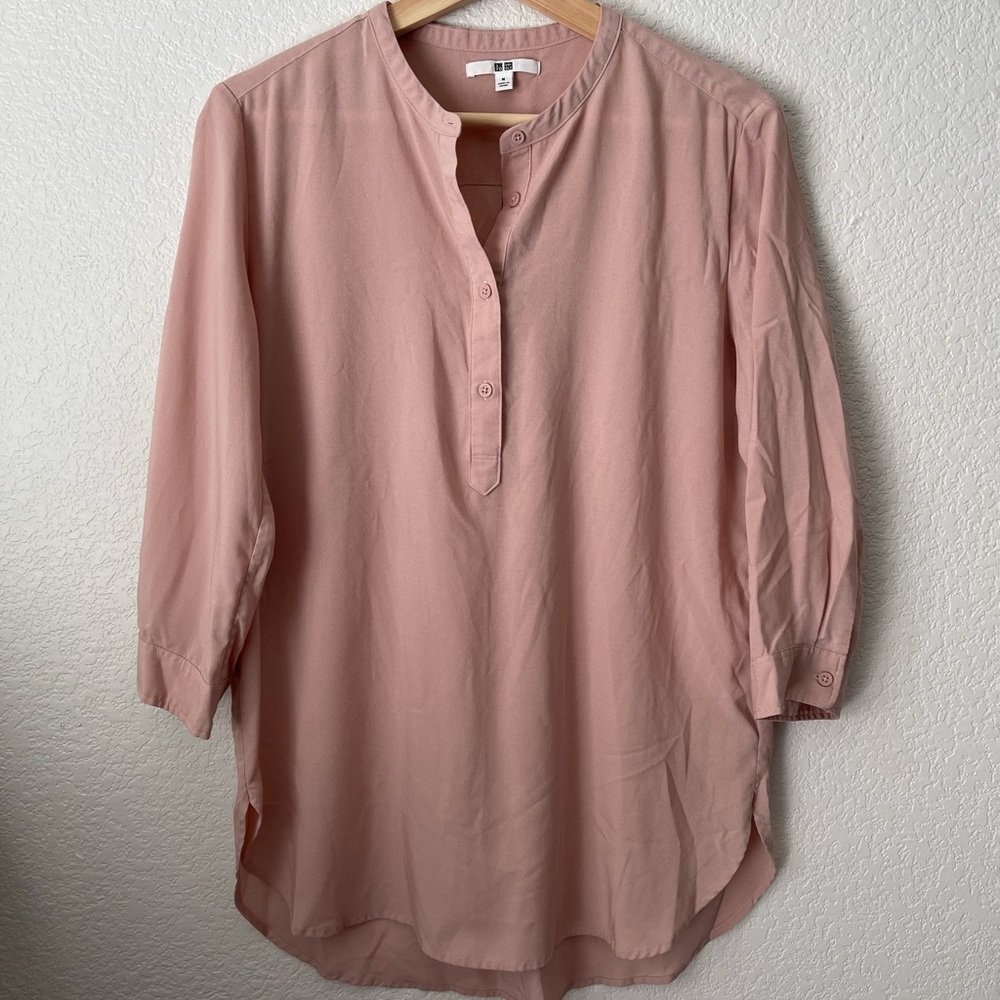 Blush Pink Mandarin Collared 3/4 Sleeve Blouse